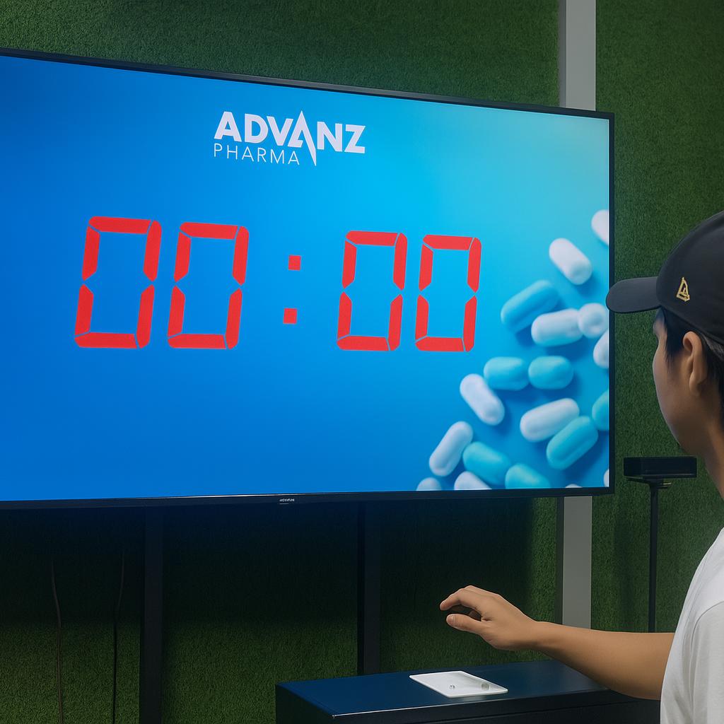 Guests playing Stop the Time interactive stopwatch game at a corporate event booth in Dubai, engaging with branded screen and trying to press the button at the perfect moment